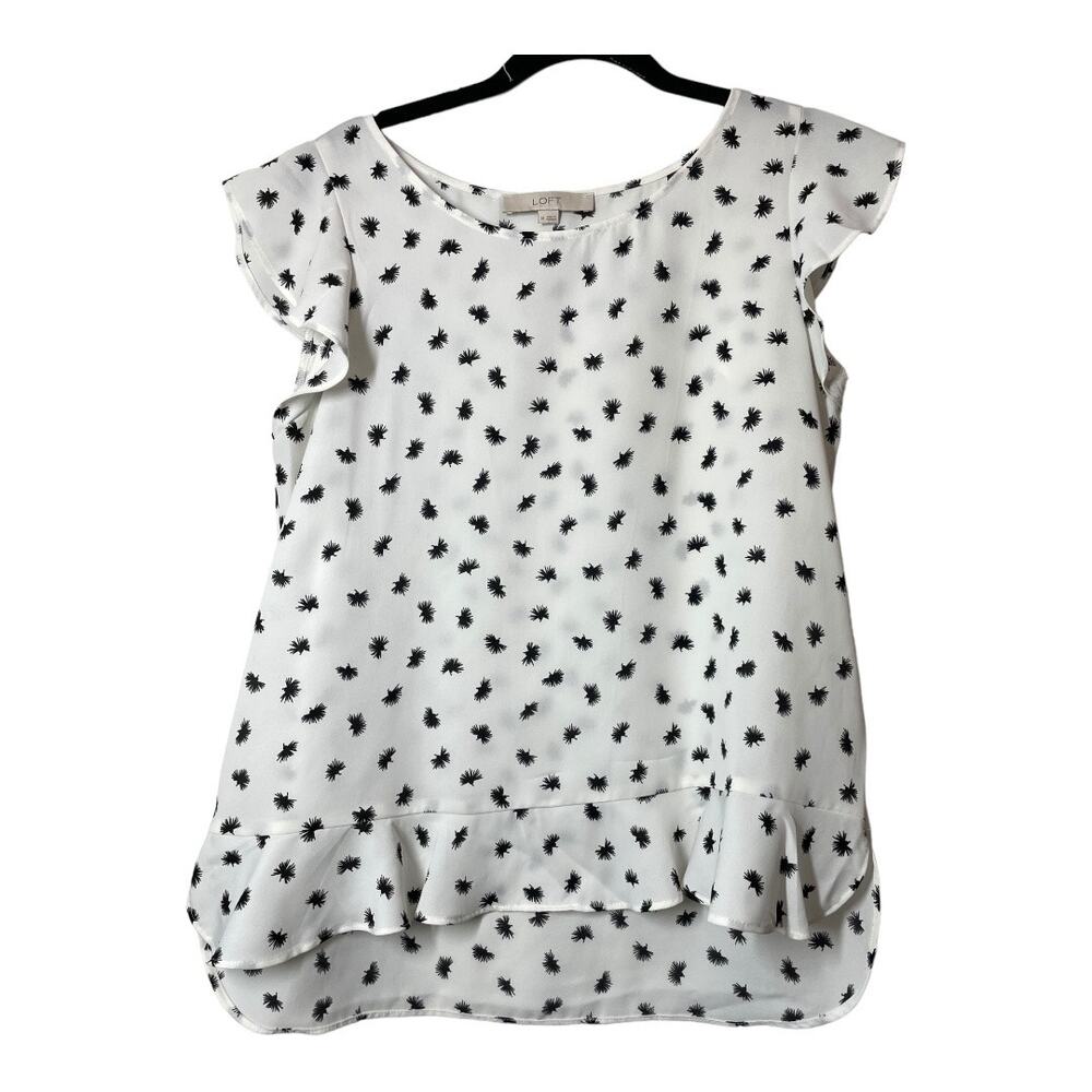 LOFT Dandelion Print Blouse Top White Black Flutter Sleeve Medium